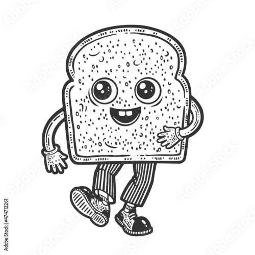 Walking cartoon toaster bread sketch engraving vector illustration. T-shirt apparel print design. Scratch board imitation. Black and white hand drawn image.