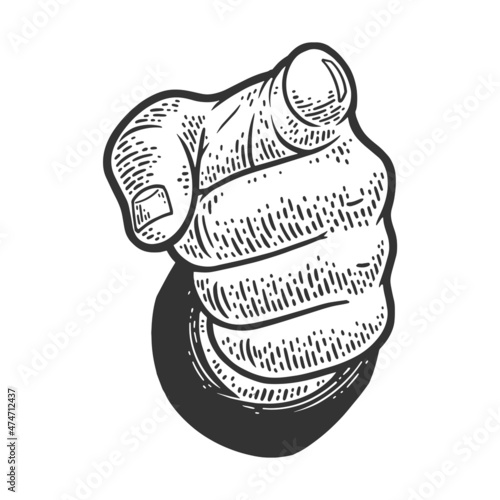 hand pointer points forward direction with index finger sketch engraving vector illustration. T-shirt apparel print design. Scratch board imitation. Black and white hand drawn image.
