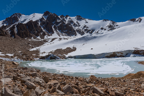 Moraine lake and glacier high in the mountains