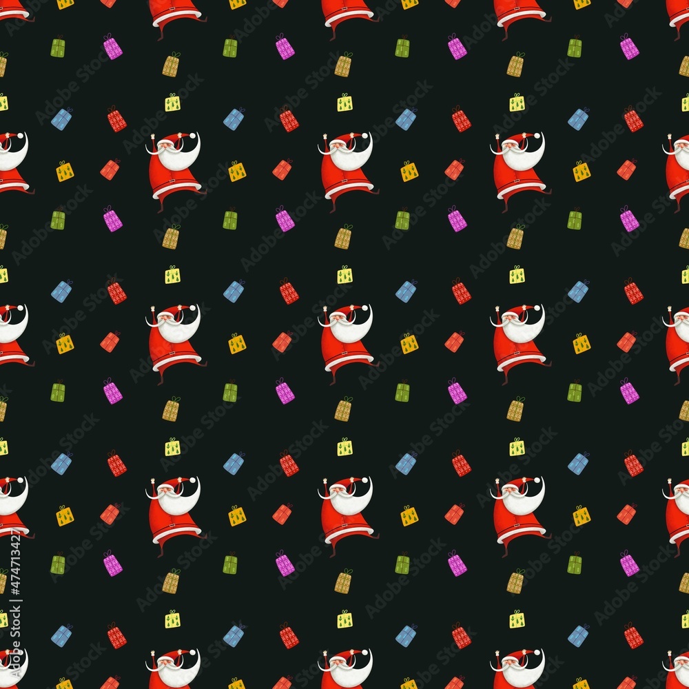 seamless pattern with funny Santa and gifts on the black background 