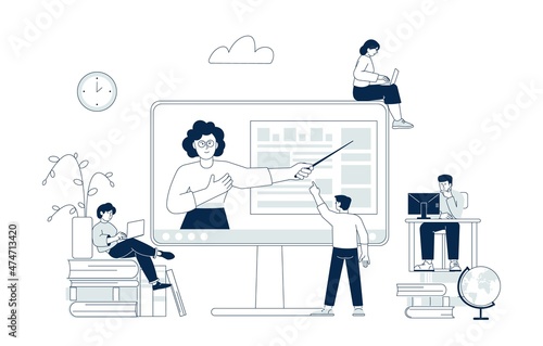 Learning online. Coaching, group students and teacher on screen. Business chat, video courses and digital education. Web lessons recent vector scene