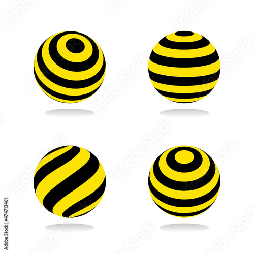 3D spherical shapes. Striped black and yellow design elements.