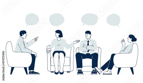 Therapy support group. Psychology session, helping social network. Women counseling, doctor and patients communication. Meeting recent vector scene