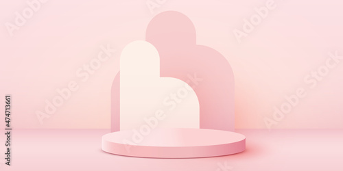 Abstract scene background. Cylinder podium on pink background. Product presentation, mock up, show cosmetic product, Podium, stage pedestal or platform.