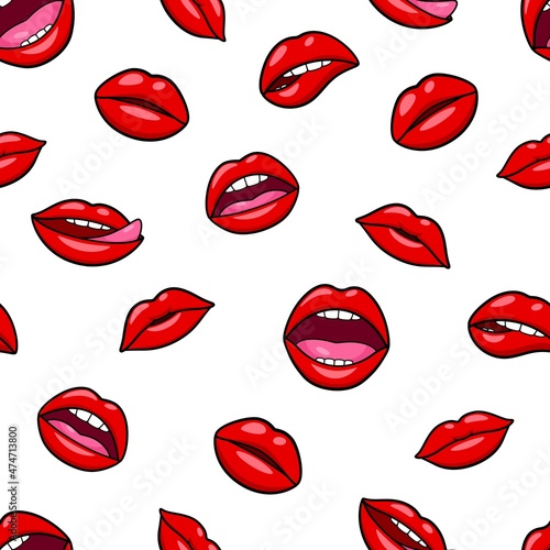 Lips pattern. Glam lip patch, red mouth pop style wallpaper. Female kiss fashion print, sweet romance elements. Makeup garish vector seamless texture