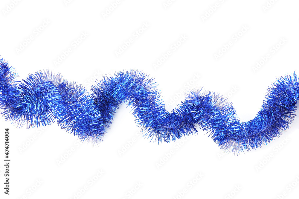 Shiny blue tinsel isolated on white, top view