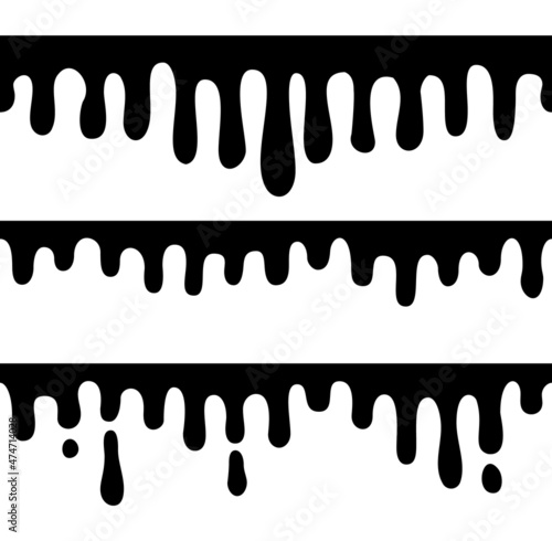 Seamless dripping elements. Ink drips, shape of melting drops. Black liquid borders, graffiti paint flow. Art syrop stain, isolated flowing decent vector pattern