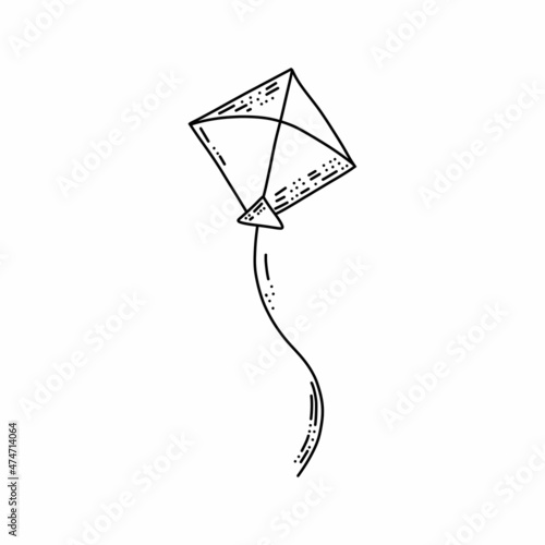 Hand drawn kite in doodle style. Retro linear illustration with black kite doodle on white background.