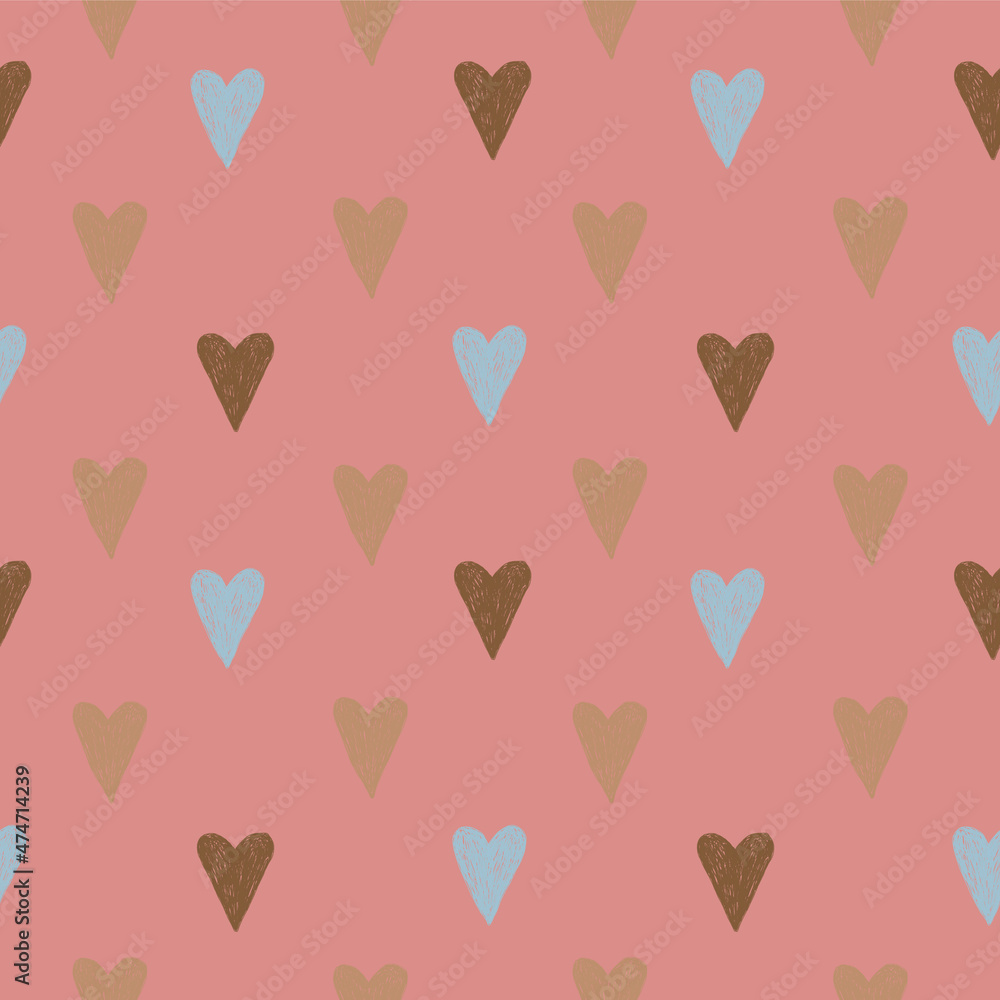 Hearts seamless pattern drawn in a graphics editor on a Pale Violet Red background. For fabric, sketchbook, wallpaper, wrapping paper.
