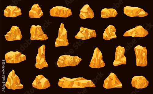 Gold stones. Natural gems, golden mines elements. 3d gaming rocks, natural gemstones isolated on black. Yellow nuggets exact vector collection
