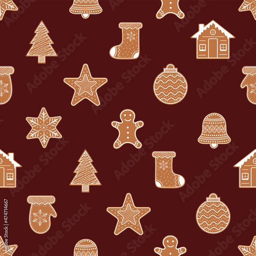 Gingerbread Cookies Pattern for Christmas and New Year Festivities. Gingerbread Man, Star, Bell, Snowflake, Mitten, Sock, Tree, House, Ornament. For Party Decoration, Invitation, Brochure, Menu