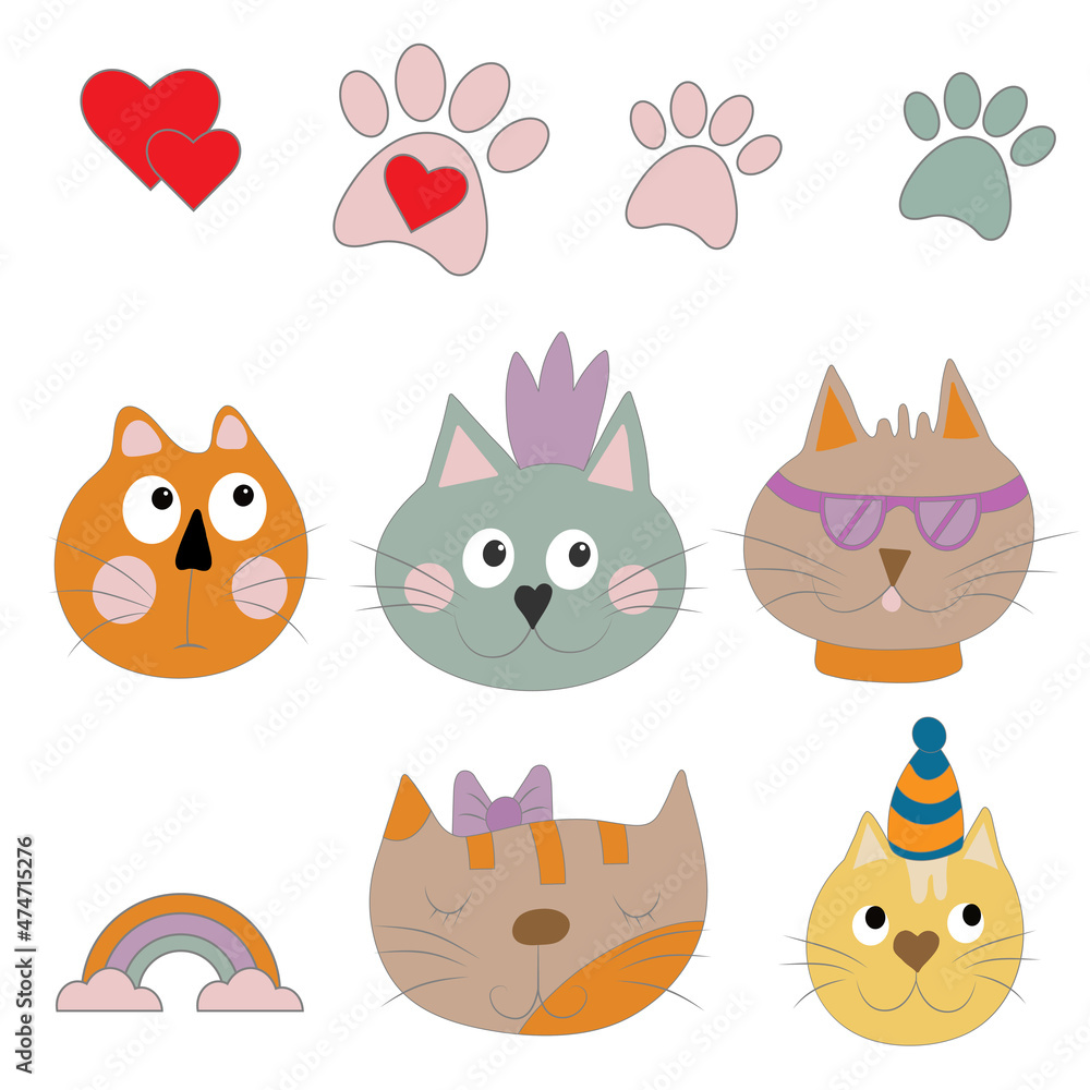 Set cute cat, rainbow, dog paws, clouds, glasses, princess in crown, pet paw, red hearts. Great for kids apparel, nursery decoration. Vector cartoon Illustration. Set cute cat, rainbow, dog paws, clouds, glasses, princess in crown, pet paw, red hearts. Great for kids apparel, nursery decoration. Vector cartoon Illustration.