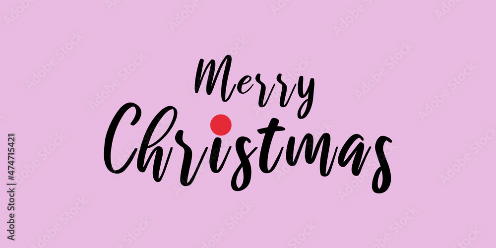 Simple text card with Merry Christmas written on a pink background with red symbolic dot on the i.