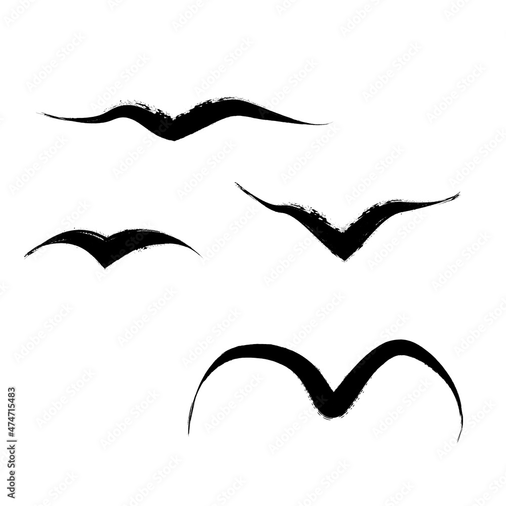 Naklejka premium Bird in fly. Flock of birds .Dispersed grunge brush line .Vector logo illustration. Brush strokes .
