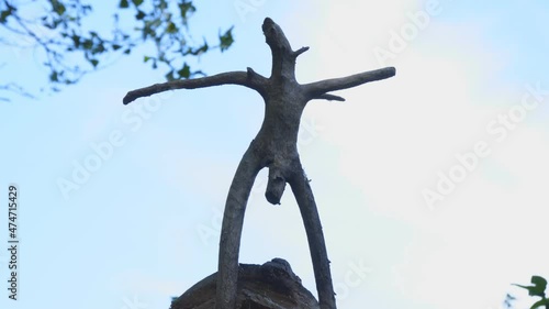 Silhouette wooden snag in the form of a pagan idol against the cloudy sky