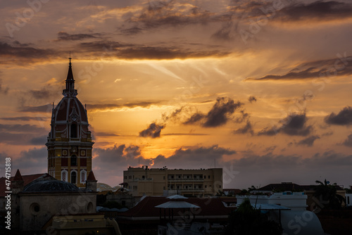 At sunset in Cartagena, you can see the Church of Santa Catalina with Herrerian style, whose construction began in 1577. photo