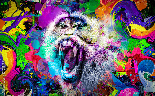 colorful artistic monkey muzzle with bright paint splatters on dark background 