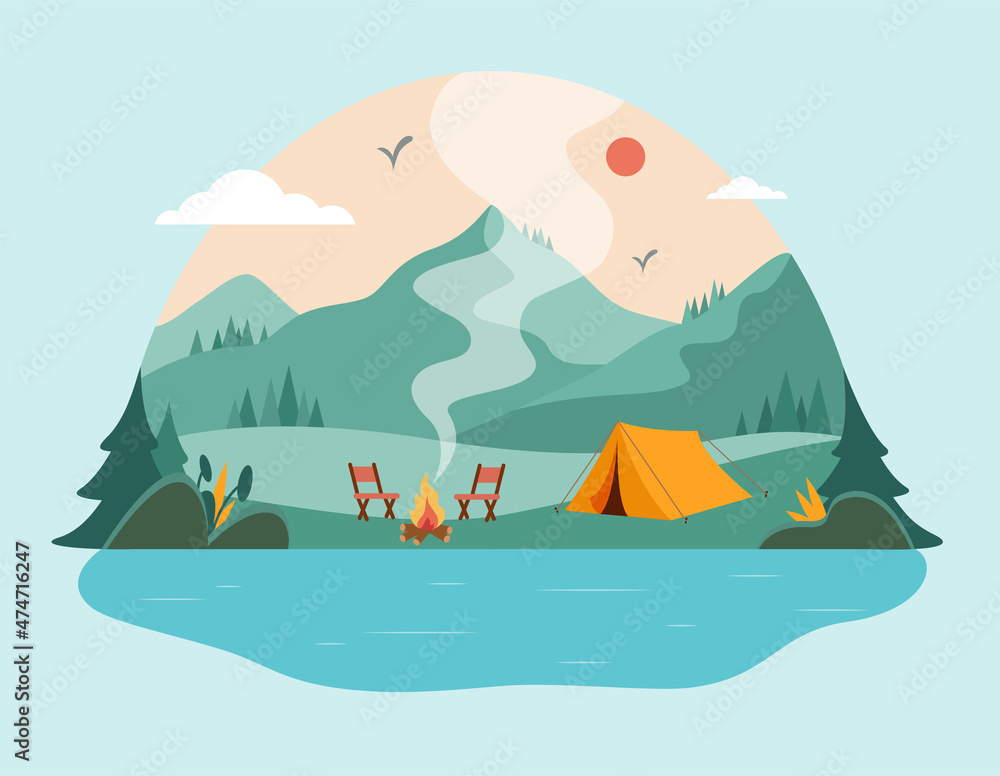 Fototapeta premium Camping concept art. Flat style illustration of beautiful landscape, lake, mountains, forest, tent, and a campfire. Design for banner, poster, website, emblem, logo, and others.