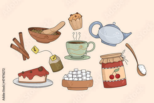 Set of tea and pastry for dessert tasting at home. Collection of coffee and sweet stuff muffin or cupcake with jam. Eating drinking at home for winter weekend relaxation. Vector illustration. 