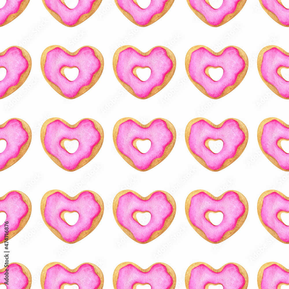 Donuts with pink frosting. A pattern with a watercolor illustration of a heart-shaped cookie. Seamless pattern on a white background. Print for fabric, textiles, stationery, paper and any design