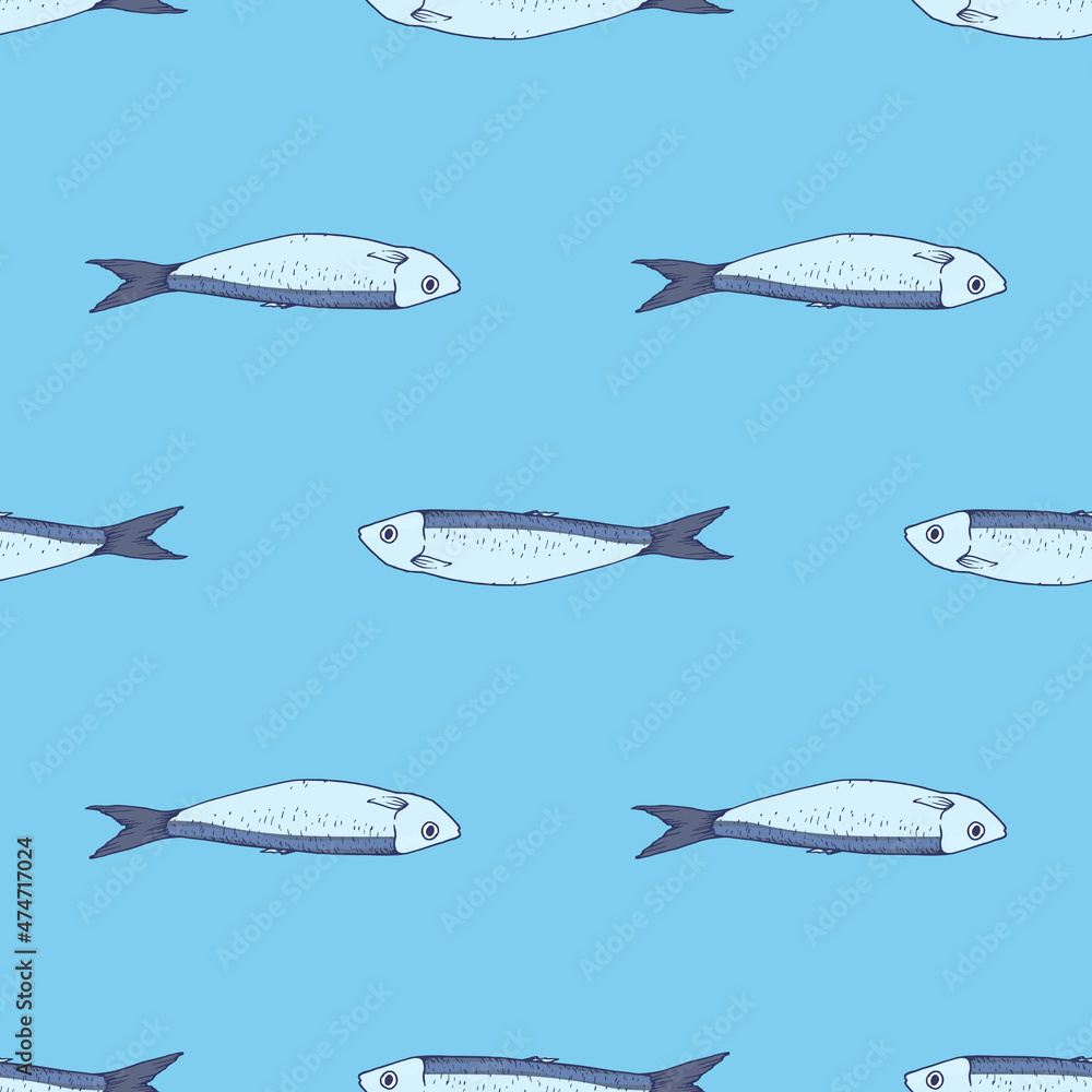 a pattern of grey blue sardines. Seamless drawing of a hand-drawn sketch of a small sardine fish, blue-gray with a blue outline, side view, on blue for a design template a pattern of grey blue sardines. Seamless drawing of a hand-drawn sketch of a small sardine fish, blue-gray with a blue outline, side view, on blue for a design template