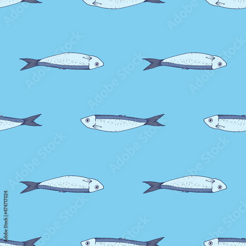 a pattern of grey blue sardines. Seamless drawing of a hand-drawn sketch of a small sardine fish, blue-gray with a blue outline, side view, on blue for a design template