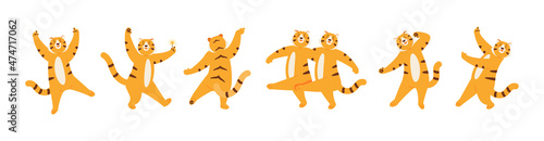 Dancing funny tigers. The symbol of the Chinese new year 2022. Vector illustration
