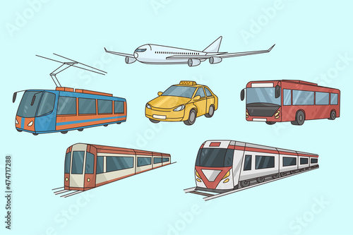 Colorful set of various urban transport. Collection of transportation vehicles in city. Taxi, plane, bus and tram for town public transporting. Flat vector illustration. Cars and airplanes. 