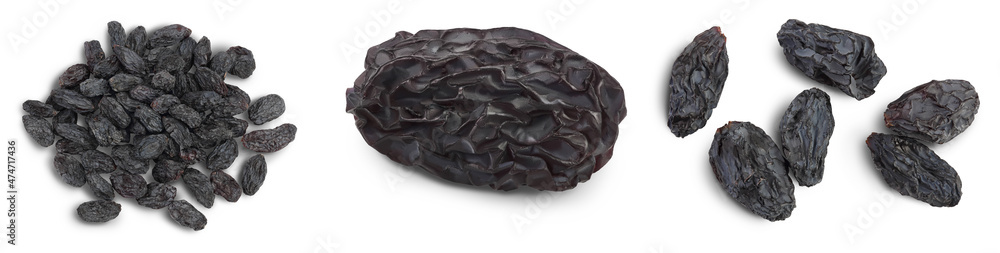 Black raisin isolated on white background with clipping path. Top view. Flat lay, Set or collection Black raisin isolated on white background with clipping path. Top view. Flat lay, Set or collection