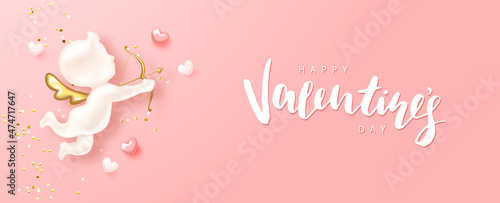 Happy Valentine s Day poster with realistic 3d angel cupid, hearts and confettti.Festive background for February 14 with hand lettering.Vector design for postcards, advertising material, websites