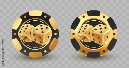 Set of black and gold poker chips, token with two golden dices on transparent background. Vector illustration for card, casino club, game design, flyer, poster, banner, web, advertising.
