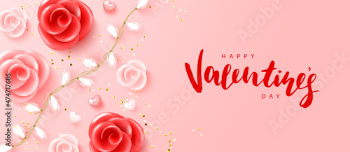 Happy Valentine s Day poster with realistic 3d roses, hearts, garland and golden confetti.Festive background for February 14 with hand lettering.Vector design for postcards, advertising material