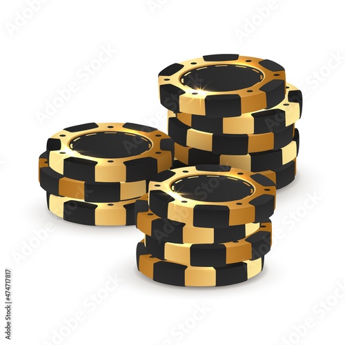 Little stack of black with gold  poker chips, tokens on white background. Vector illustration for casino, game design, flyer, poster, banner, web, advertising.