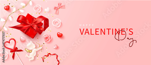 Happy Valentine s Day poster with realistic 3d gift box  angel cupid  candy heart  roses  garland  hearts  red ribbon and golden confetti.Festive background for February 14 .Vector design for