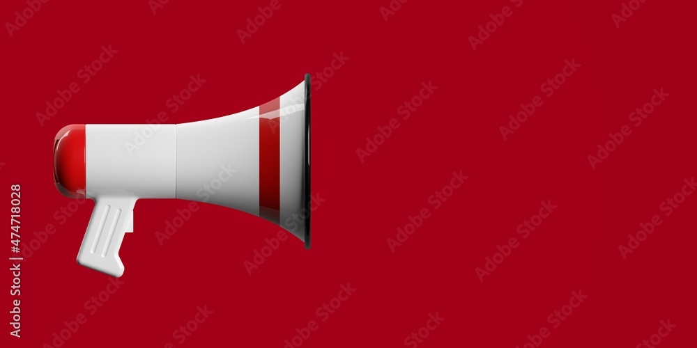 Red and white megaphone or bullhorn flat lay top view from above over red background, business announcement or communication concept - obrazy, fototapety, plakaty 