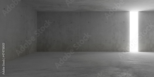 Abstract empty, modern concrete walls room with light from horizontal gap opening in backwall and rough floor - industrial interior or gallery background template