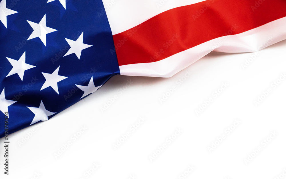USA flag on white background. Top view, copy space. American flag for Memorial Day, 4th of July, Labour Day USA flag on white background. Top view, copy space. American flag for Memorial Day, 4th of July, Labour Day