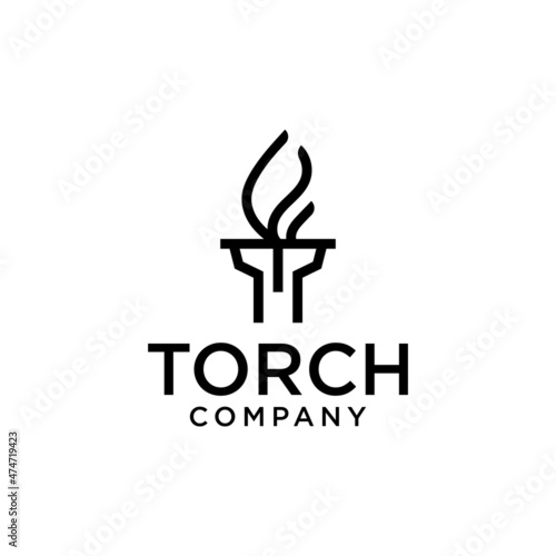 Initial Letter T Burning Torch Fire Flame with Pillar column logo design