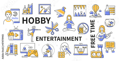 Hobby and entertainment - line design icon set
