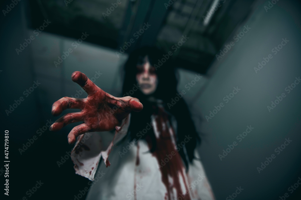 Portrait of asian woman make up ghost,Scary horror scene for background,Halloween festival concept,Ghost movies poster,angry spirit in the apartment Portrait of asian woman make up ghost,Scary horror scene for background,Halloween festival concept,Ghost movies poster,angry spirit in the apartment