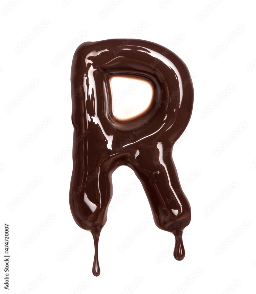 Latin letter R with drop is made of melted chocolate, isolated on white background Latin letter R with drop is made of melted chocolate, isolated on white background