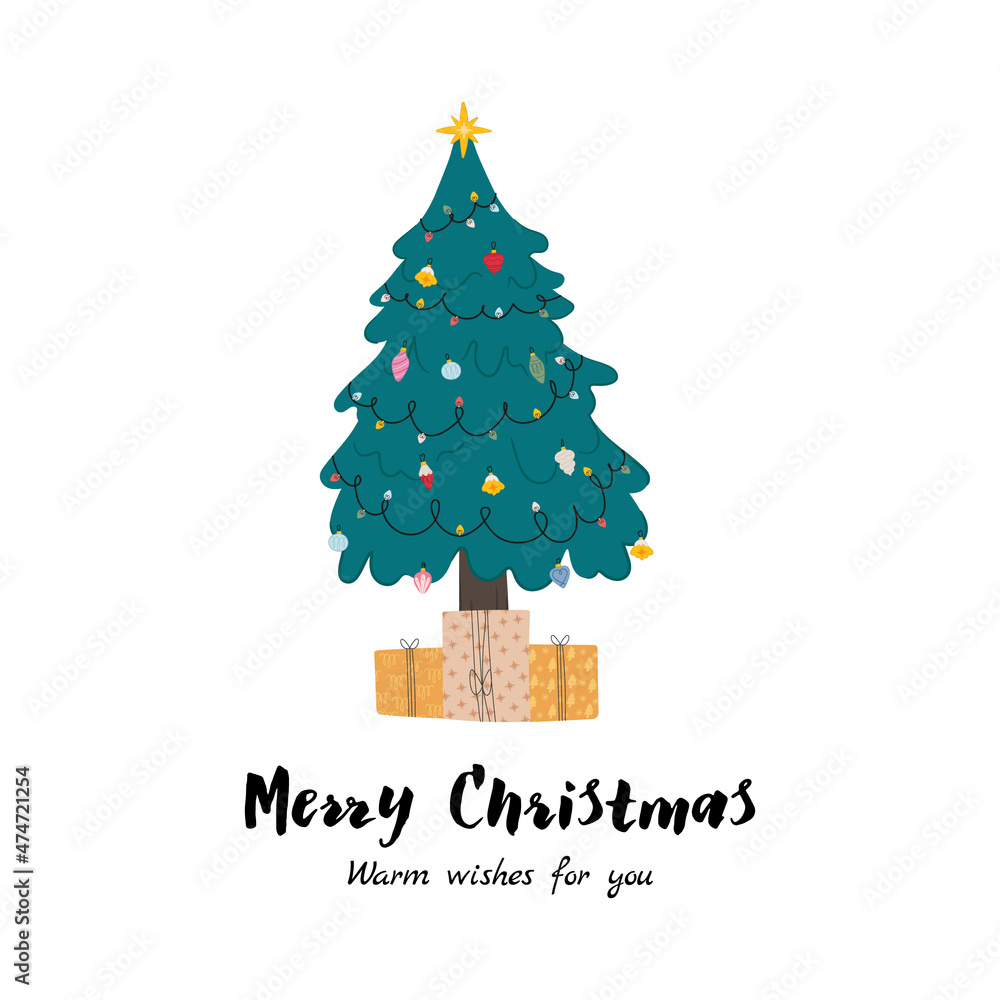 Fototapeta premium Printable template for event card with doodle Christmas tree, festive toy and gifts.