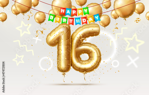 Happy Birthday 16 years anniversary of the person birthday, balloons in the form of numbers of the year. Vector