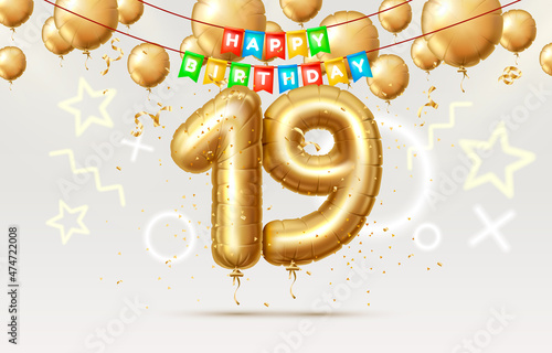 Happy Birthday 19 years anniversary of the person birthday, balloons in the form of numbers of the year. Vector