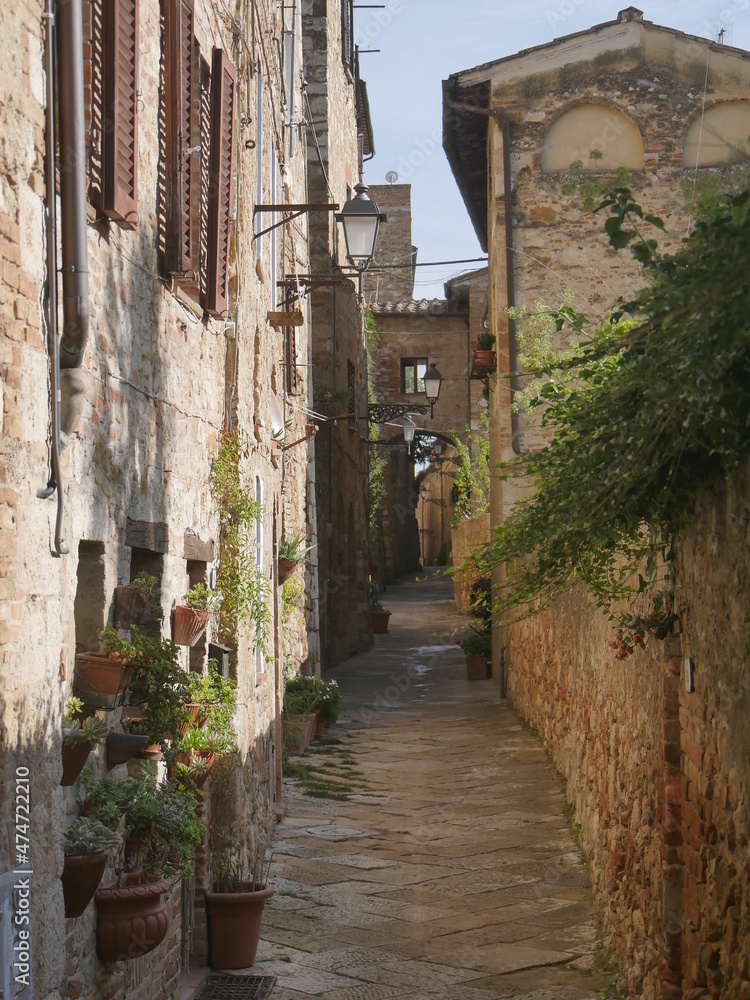 typical medieval street of Colle di Val d'Elsa along the perimeter of the village with the ancient buildings built by stones on a side and the city walls on the other