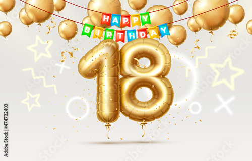Happy Birthday 18 years anniversary of the person birthday, balloons in the form of numbers of the year. Vector photo