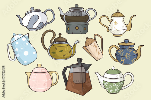 Colorful collection of various teapots for tea ceremony. Set of different kitchen utensils or kettles for hot beverage. Household appliances or kitchenware. Flat vector illustration. 
