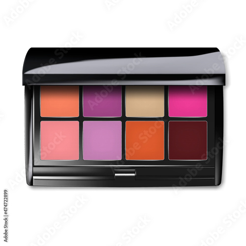 Make-up color eyeshadow palette. Open makeup eye shadow kit container top view. Realistic vector illustration