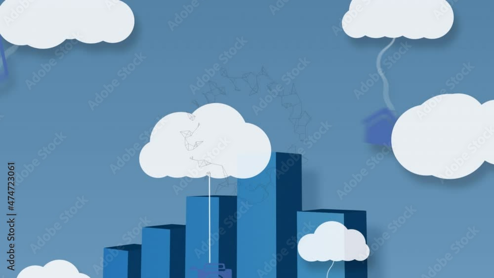 Animation of clouds with icons over graph with arrow Animation of clouds with icons over graph with arrow