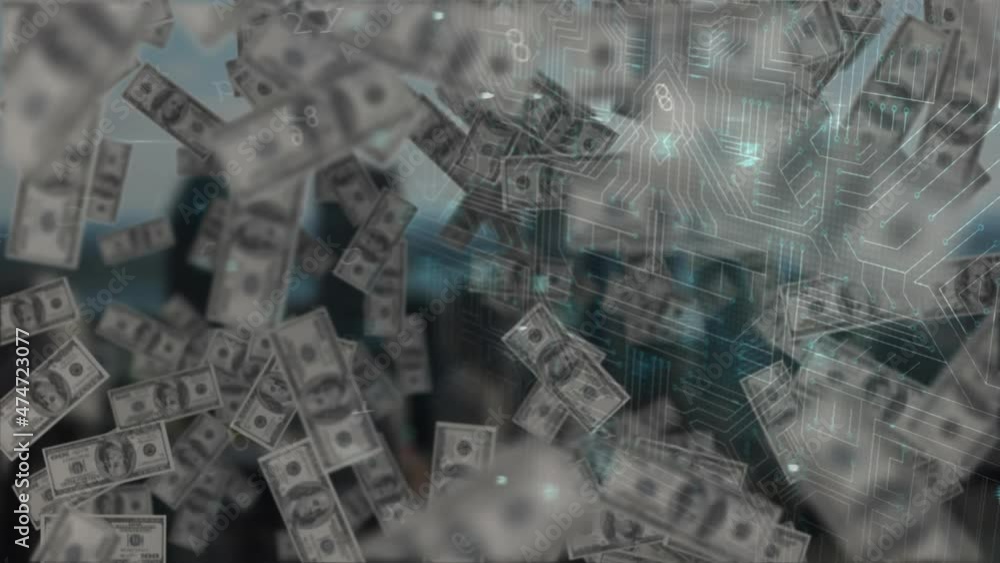 Animation of integrated circuit and security padlock over falling dollar banknotes Animation of integrated circuit and security padlock over falling dollar banknotes